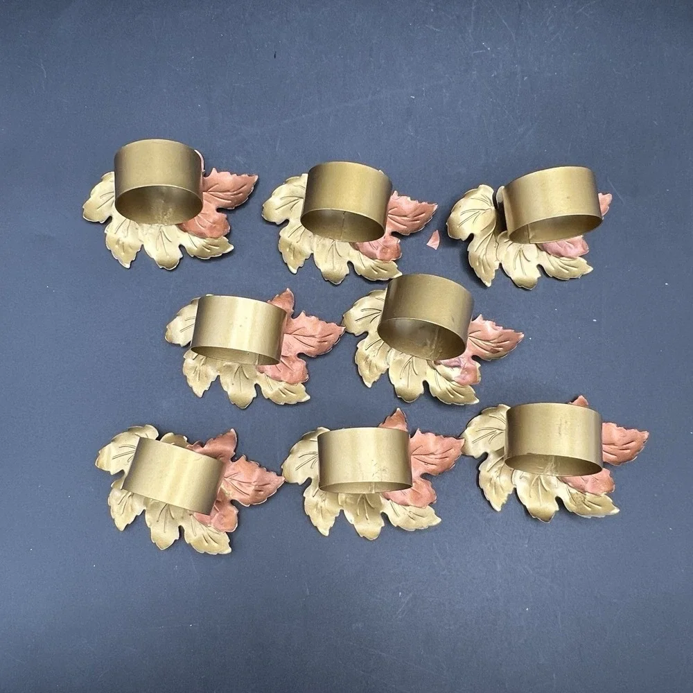 8 Metal Maple Leaf Napkin Rings Holders Brown/Gold-Tone Colors Autumn Fall